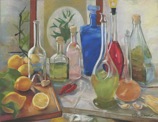 Дейнеко Ольга Константиновна. Натюрморт с бутылками и лимонами 